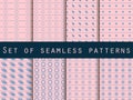 Set of seamless patterns with geometric shapes. Rose quartz and serenity violet colors. Royalty Free Stock Photo