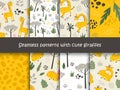 Set of seamless patterns with Giraffes and plants Royalty Free Stock Photo