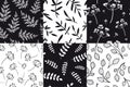 Set of 6 Seamless patterns with hand drawn outline plants