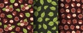 Set of Seamless Patterns with Hazelnuts and Hazel Leaves in Flat Style. Natural Woodland Texture for Packaging, Textile, Wallpaper Royalty Free Stock Photo