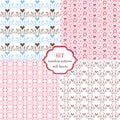 Set of seamless patterns with hearts and butterflies. Pink, blue, brown. Decorative ornament backdrop for fabric Royalty Free Stock Photo