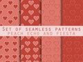 Set of seamless patterns with hearts. Valentine`s Day. Peach echo and fiesta color. Color trend in 2016. Romantic patterns. Vector Royalty Free Stock Photo