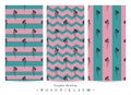 Set of seamless patterns with Hybrid tea roses and aquamarine stripes on pink background
