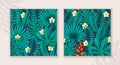 Set of seamless tropical patterns. Monstera, banana leaves, philodendron on a dark background. Royalty Free Stock Photo