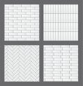 Set of seamless patterns with modern rectangular white tiles. Realistic textures collection. Vector illustration.