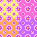 Set of seamless patterns of pink flowers on a yellow, pink, orange and purple background Royalty Free Stock Photo