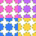 Set of seamless patterns of pink, purple, blue, yellow flowers with green leaves on a white background Royalty Free Stock Photo