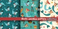 Set of seamless patterns with pirates, shark and mermaid. Collection of three vector illustrations. For fabric and