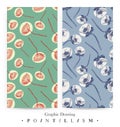 Set of seamless patterns with Poppy flowers on green background and Anemone on blue background