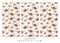 Set of seamless patterns with red anemone flowers and yellow stripes isolated on white background