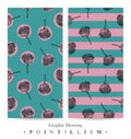 Set of seamless patterns with rose flowers and pink stripes isolated on aquamarine background