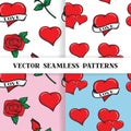 Set of seamless patterns with roses and hearts Royalty Free Stock Photo