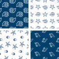 Set of seamless patterns sketches various sea shells