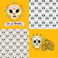 Set of seamless patterns with skulls, flowers and candles for Dia de los mueros Day of the dead and Halloween. Vector