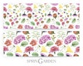 Set of seamless patterns with spring flowers and plants drawn by hand with crayons