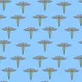 Blue seamless patterns with the staff of hermes 1000x1000 pixels, vector grafics.