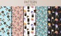 A set of seamless patterns with takeaway coffee cups and glass latte mugs. Patterns with different types of coffee, with