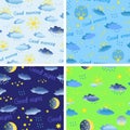 Set of seamless patterns on the theme of weather with rain, sun. Vector illustration