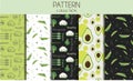 A set of seamless patterns with vegetables. Flat illustration design with peas, mushrooms, cabbage, avocado, broccoli Royalty Free Stock Photo