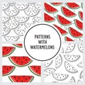 Set of seamless patterns with watermelons. Decorative backgrounds with fruits Royalty Free Stock Photo