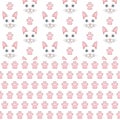 Set of seamless patterns with white cat face and paw prints. Colored vector backgrounds. Royalty Free Stock Photo