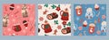 Set of seamless patterns with winter drinks and sweets. Vector graphics