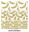 Set of seamless patterns with yellow bananas drawn by hand with colored pencil