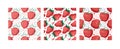 Set of Seamless Red Strawberry pattern. Set of three patterns. Textured berries. Simple minimal style. Vector red sweet Royalty Free Stock Photo