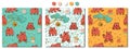 Set of Seamless repeat patterns of hand drawn walking and sitting bears, honey, forget me nots, beehive, smell of honey, tree Royalty Free Stock Photo