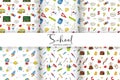 A set of seamless school patterns with school stationery, a school bus, graphs, a space rocket. Black and white Royalty Free Stock Photo