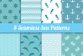 Set of seamless sea patterns. Wave, anchor, dolphin, crab, steer