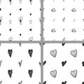 Set of seamless simple patterns of silhouette hearts with hatching on white background. Love doodle texture on Valentines Day