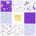 Set of seamless space backgrounds with rockets, planets, asteroids, comets, meteors and stars, undiscovered deep cosmos fantastic