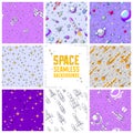 Set of seamless space backgrounds with rockets, planets, asteroids, comets, meteors and stars, undiscovered deep cosmos fantastic