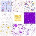 Set of seamless space backgrounds with rockets, planets, asteroids, comets, meteors and stars, undiscovered deep cosmos fantastic