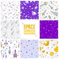Set of seamless space backgrounds with rockets, planets, asteroids, comets, meteors and stars, undiscovered deep cosmos fantastic