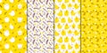 Set of seamless spring patterns with cute cartoon chickens and flowers. Royalty Free Stock Photo