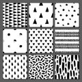 Set of 9 seamless texture. Drops, points, lines, stripes, circles, squares, rectangles. Abstract forms drawn a wide pen and ink. Royalty Free Stock Photo