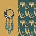 Set with seamless vector colorful pattern with dream catchers and a card with a dream catchers and words dream on