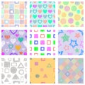 Set of seamless vector geometrical patterns with different geometric figures, forms. pastel endless background with hand drawn tex Royalty Free Stock Photo