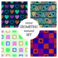 Set of seamless vector geometrical patterns with different geometric figures, forms. pastel endless background with hand drawn tex Royalty Free Stock Photo