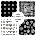 Set of seamless vector geometrical patterns with different geometric figures, forms. pastel endless background with hand drawn tex Royalty Free Stock Photo