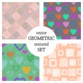 Set of seamless vector geometrical patterns with different geometric figures, forms. pastel endless background with hand drawn tex Royalty Free Stock Photo