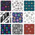 Set of seamless vector geometrical patterns with different geometric figures, forms. pastel endless background with hand drawn tex Royalty Free Stock Photo