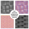 Set of seamless vector grunge geometrical patterns with hand drawn lines. Grungy striped, checkered backgrounds with horizontal, v