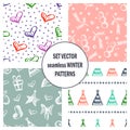 Set of seamless vector patterns with cute hand drawn fir trees, gifts, hearts, bows, christmas toys. Seasonal winter backgrounds G Royalty Free Stock Photo