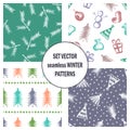 Set of seamless vector patterns with cute hand drawn fir trees, gifts, hearts, bows, christmas toys. Seasonal winter backgrounds G Royalty Free Stock Photo