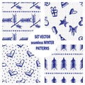 Set of seamless vector patterns with cute hand drawn fir trees, gifts, hearts, bows, christmas toys. Seasonal winter backgrounds G Royalty Free Stock Photo