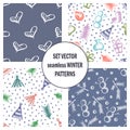 Set of seamless vector patterns with cute hand drawn fir trees, gifts, hearts, bows, christmas toys. Seasonal winter backgrounds G Royalty Free Stock Photo