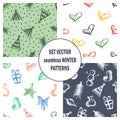 Set of seamless vector patterns with cute hand drawn fir trees, gifts, hearts, bows, christmas toys. Seasonal winter backgrounds G Royalty Free Stock Photo